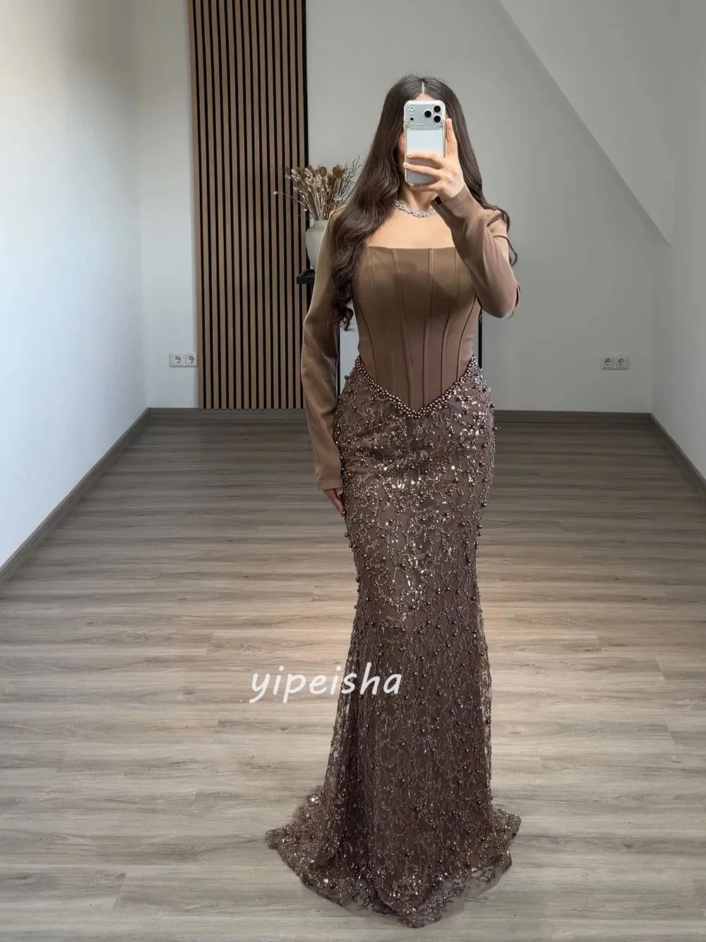 Szyte na miarę wysokiej jakości sukienki w stylu jersey, zdobione cekinami i koralikami, o kroju syreny, z kwadratowym dekoltem, długie sukienki na specjalne okazje, seksowne i dopasowane.