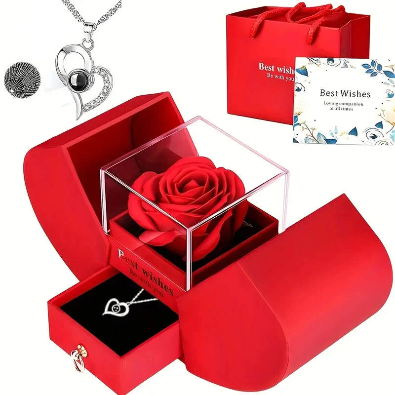 

Сохраненная коробка из искусственных роз с ожерельем, подарки с розами Forever I Love You для нее, годовщина дня рождения, Новый год, Рождество