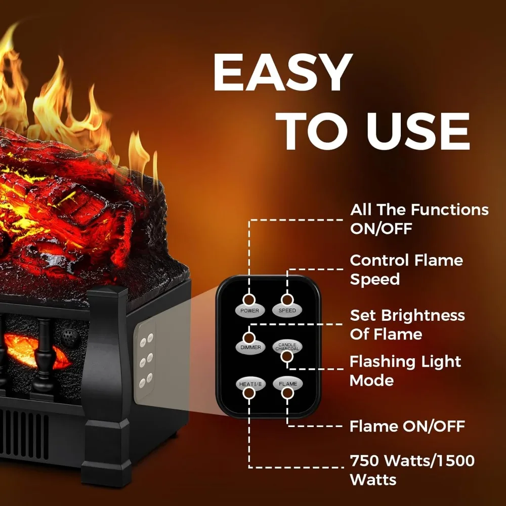 Electric Fireplace Insert Log Heater 21",750W/1500W Adjustable 5 Flame Brightness&Speed, Fireplace Insert with Realistic Ember