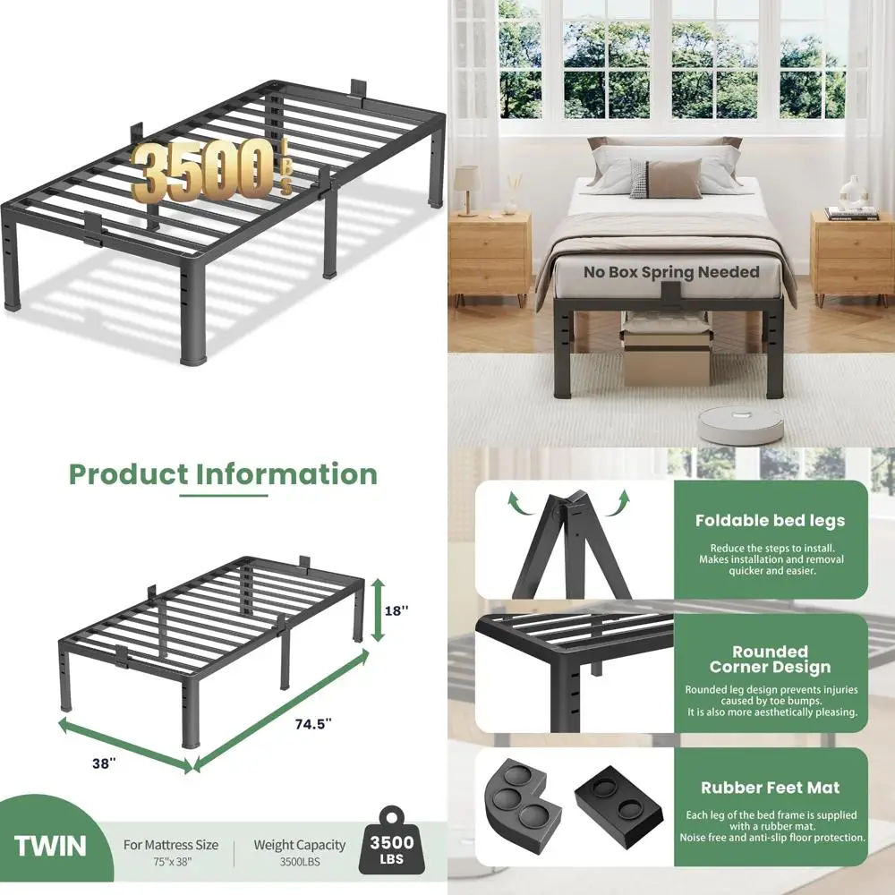 

Twin Size 18 Inch Metal Platform Bed Frame with Round Corner Legs, Supporting Up to 3,500 lbs, Heavy Duty Steel Slats, No Box Sp