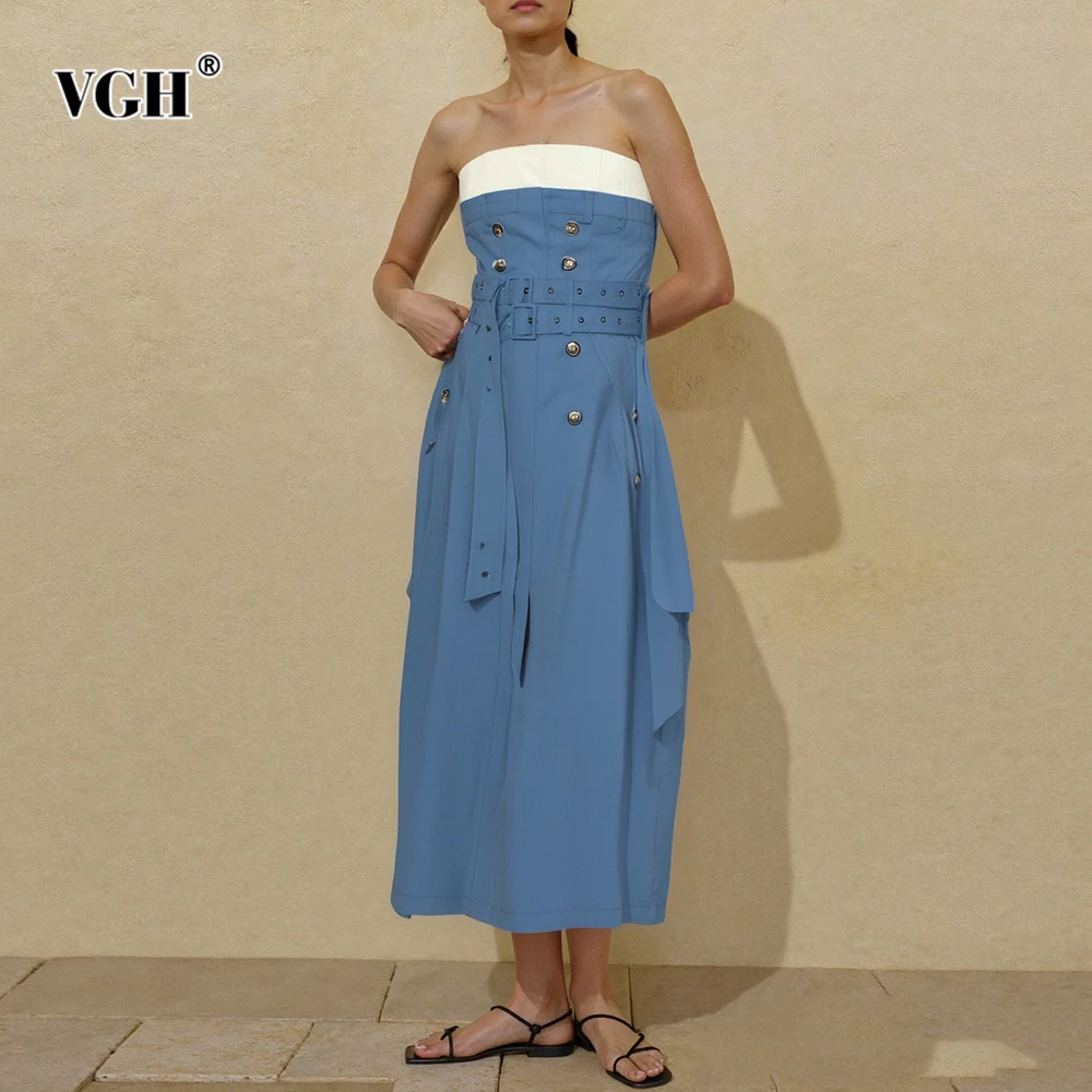 

VGH Temperament Spliced Belt Slim Dresses For Women Strapless Sleeveless Backless High Waist Designer Autumn Dress Female New