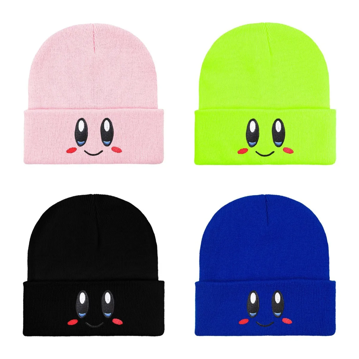 Big Eyed Smiling Face Embroidered Knitted Hat Anime Cartoon Kirbys Pink Black Cute Expression Knitted Hat Casual Hat