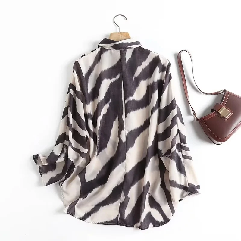 Dave&Di Geometric Zebra Printing Vintage Shirt Casual Loose Blouse Women Tops England Stye Fashion Blouse