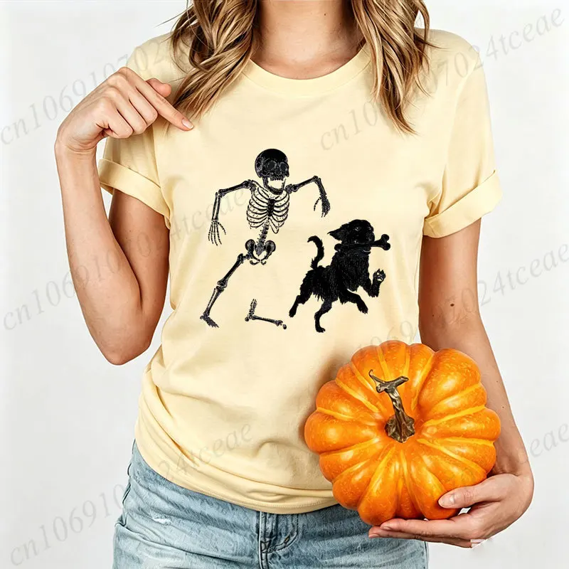 Halloween-Humor-Skelett-Hund-Print-Damen-T-Shirt, lässiges T-Shirt mit kurzen Ärmeln und Rundhalsausschnitt, gruseliges, lustiges Grafik-Top, T-Shirts für Feiertagspartys – Detail 5