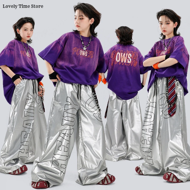 Boys Hip Hop Gradient Color T-shirt Street Dance Silver Pants Girls K-pop Clothes Sets Kids Jazz Costumes Children Streetwear