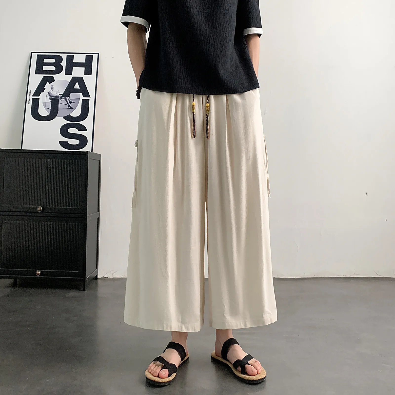 High Quality Linen Cotton Loose Wide Leg Pants Men Chinese Style Seven Tenths Casual Trousers 2026 new