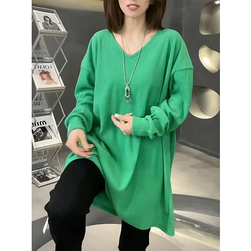 Simplicity Clothes Spring Autumn New V-neck Loose Fit Pullover Tees Womens Lazy Style Solid Color Long Sleeved Medium Length Top