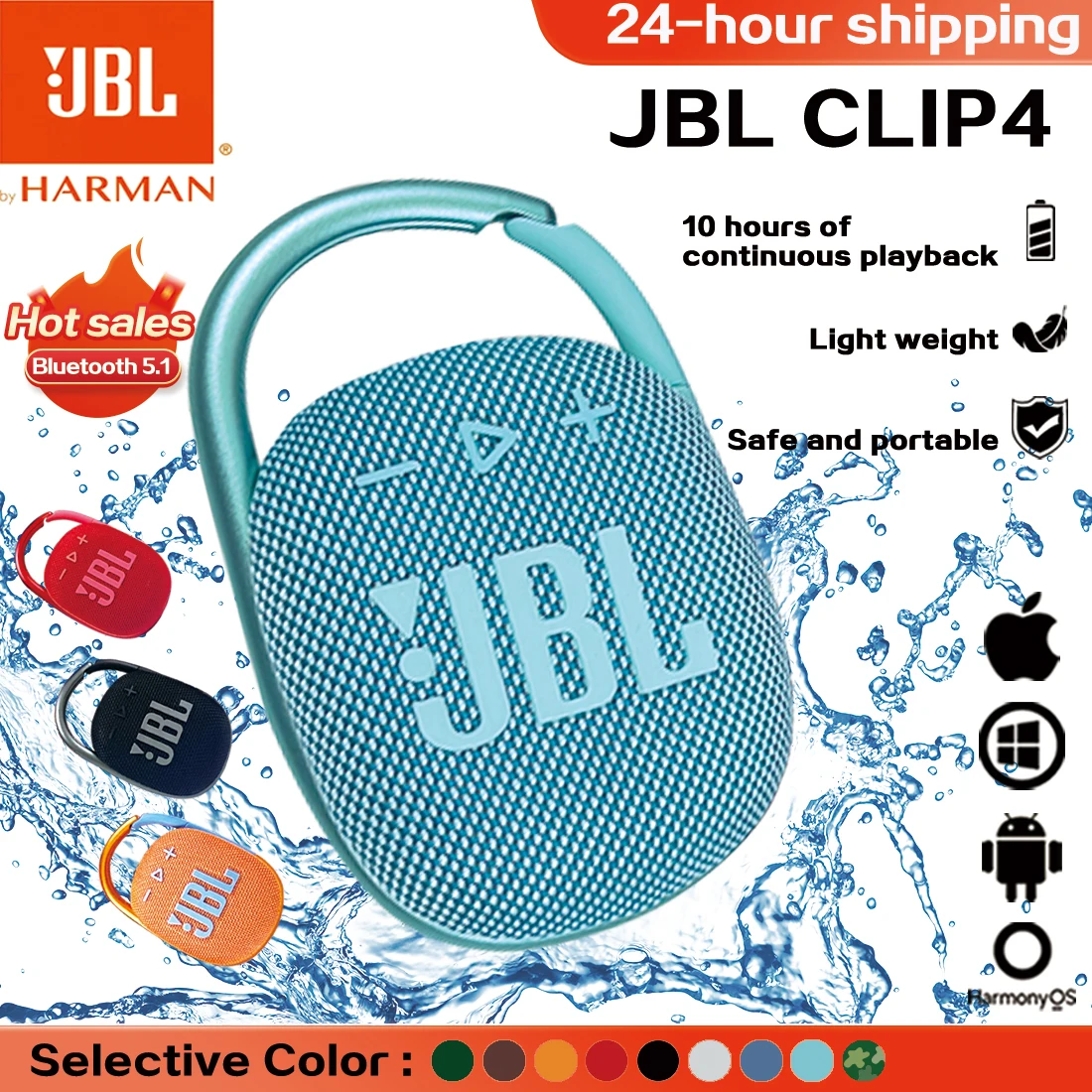 Оригинальный беспроводной Bluetooth портативный динамик JBL CLIP 4, сабвуфер, уличный динамик, мини-динамик IP67, пыленепроницаемый и водонепроницаемый