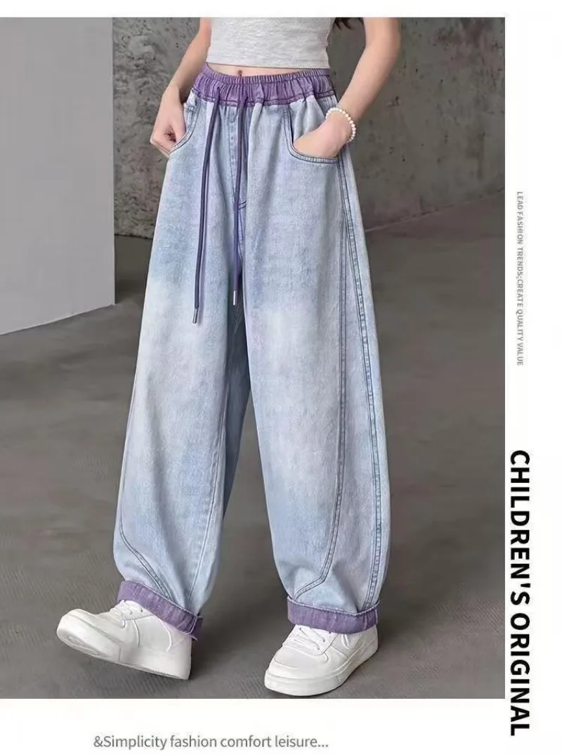 UNITIM 4-14 Jahre Mädchen-Jeans, Sommer, dünn, atmungsaktiv, für Kinder, Mädchen, Denim-Hose, lässig, gespleißt, für Junior-Mädchen, Hose mit weitem Bein – Detail 13