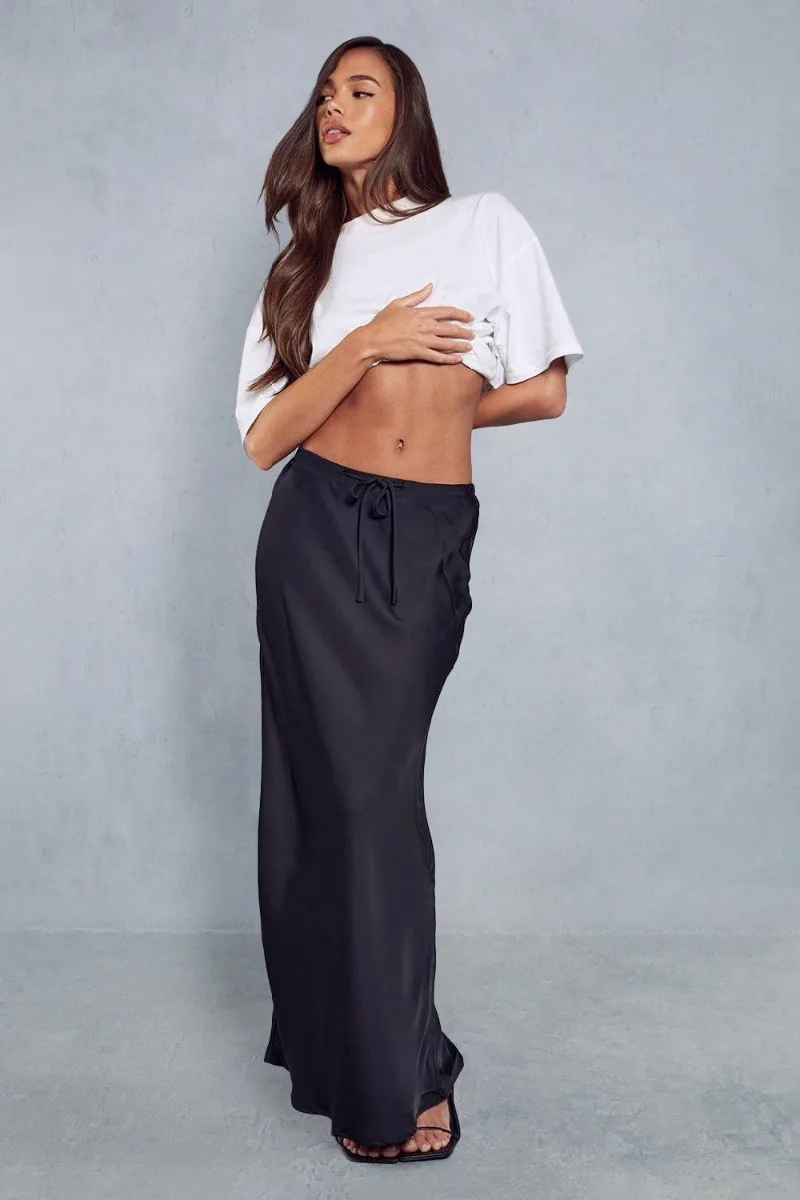2026 Spring Summer Solid Color Satin Long Skirt For Women High Waist Lace-Up Fashion Elegant Faldas Light Luxury Women's Skirt