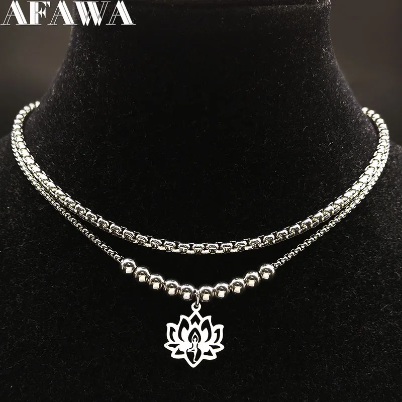 2024 Fashion Yoga Lotus Stainless Steel Statement Necklace for Women Silver Color Double Layer Necklace Jewellery collares N1955