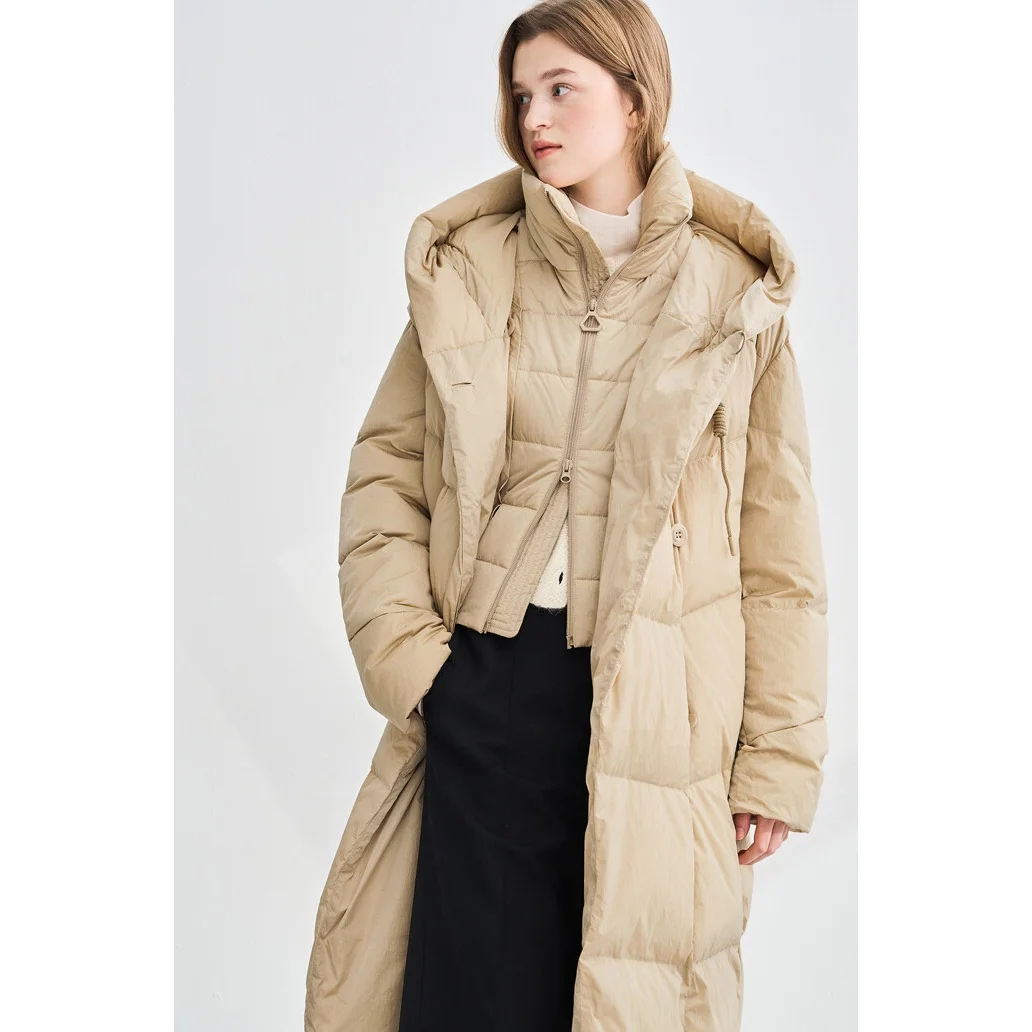 超保温グースダウンパーカーコート通勤スタイルフード付きパファージャケット厚手長袖ミドル丈無地QPPブランド