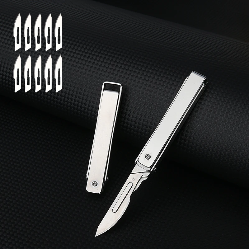 New Stainless Steel Folding Scalpel Portable Mini Key Chain EDC Outdoor Box Opening Pocket Knife with 10 Replaceable 24 # Blades