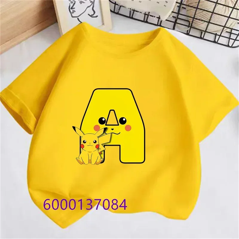 Anime Pokemon Pikachu Cartoon Children T-Shirt Kawaii T Shirt A-Z Alphabet Casual Clothes Tee Shirt Kid Girl Boy Fashion Y2K Top