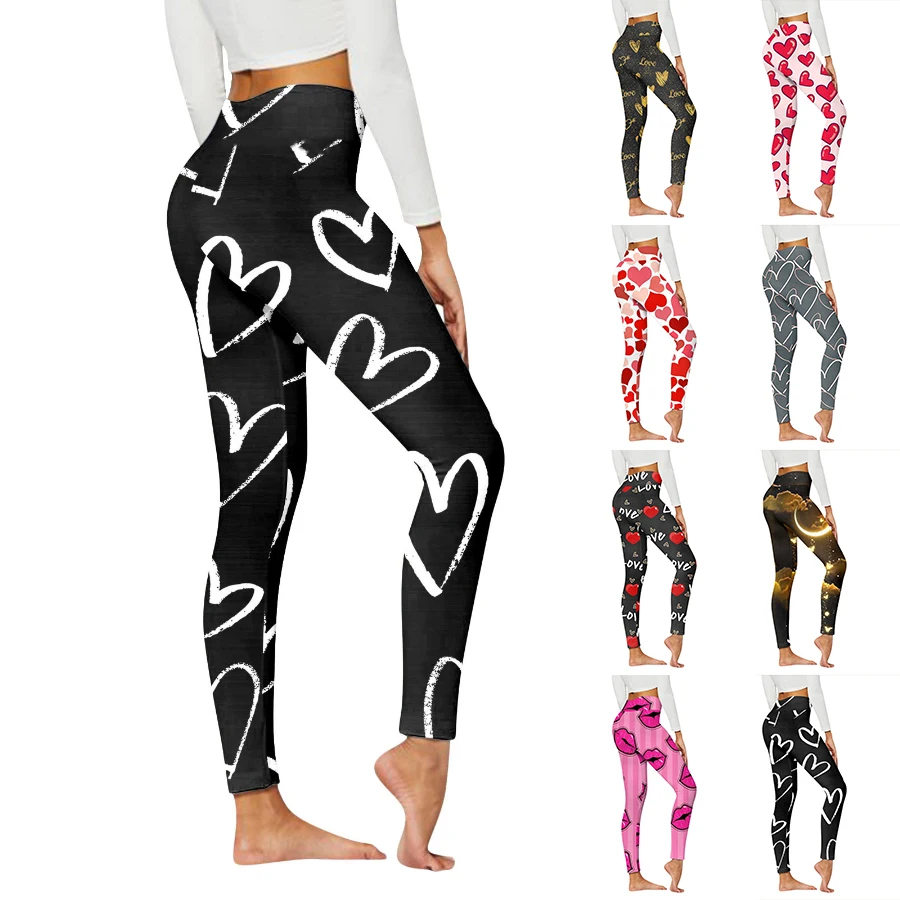 Women\'s Basic Love Diagrame Printed Yoga Pants Elastic Yoga Leggings Gym Jogging Fitness Clothes Quick Dry Slim Pants XS-8XL