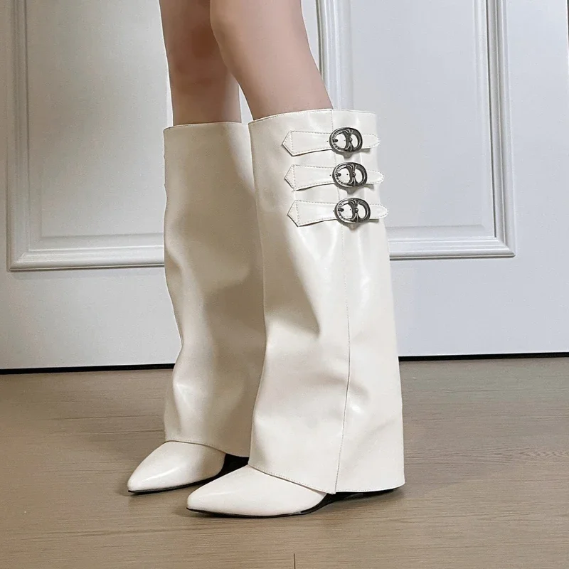 الجلد المدبوغ مصمم الكعوب فارس أحذية النساء أشار تو مشبك معدني النساء أحذية طويلة موضة قبعات رعاة البقر الغربية الشتاء أسافين الأحذية #5