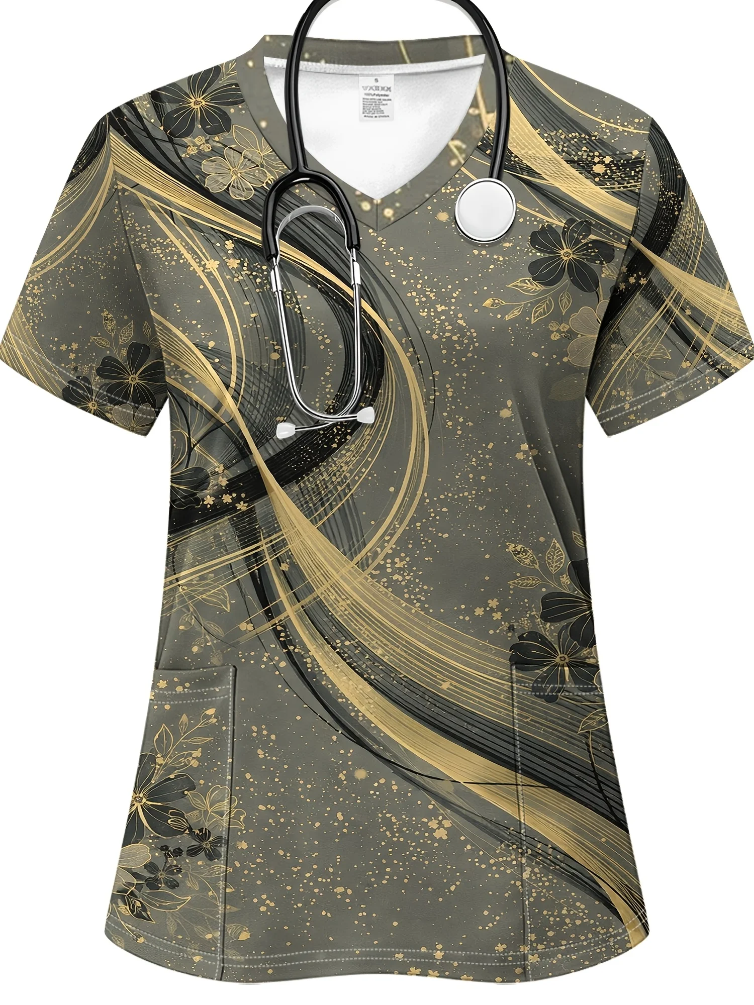 

Vintage Ink Wash Floral & Golden Curves Nurse Uniform Top | Women's Professional Workwear T-Shirt for Hospital Medical Uniform