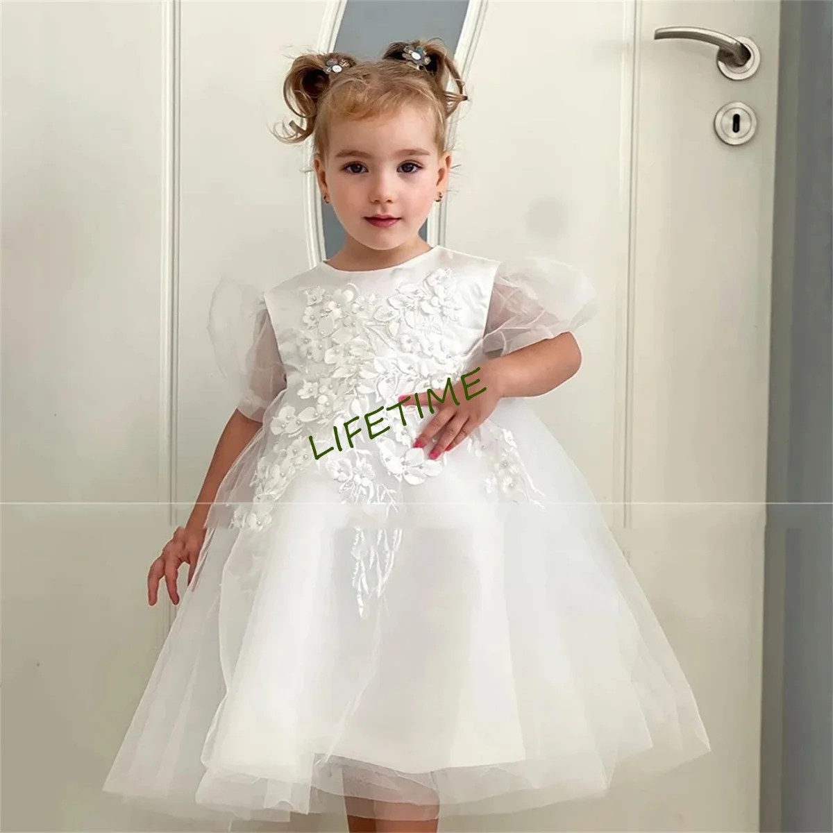 Vestido de mangas inchadas, princesa pérolas, apliques de beading, vestido de festa infantil, vestido de primeira comunhão, lindo, 2024