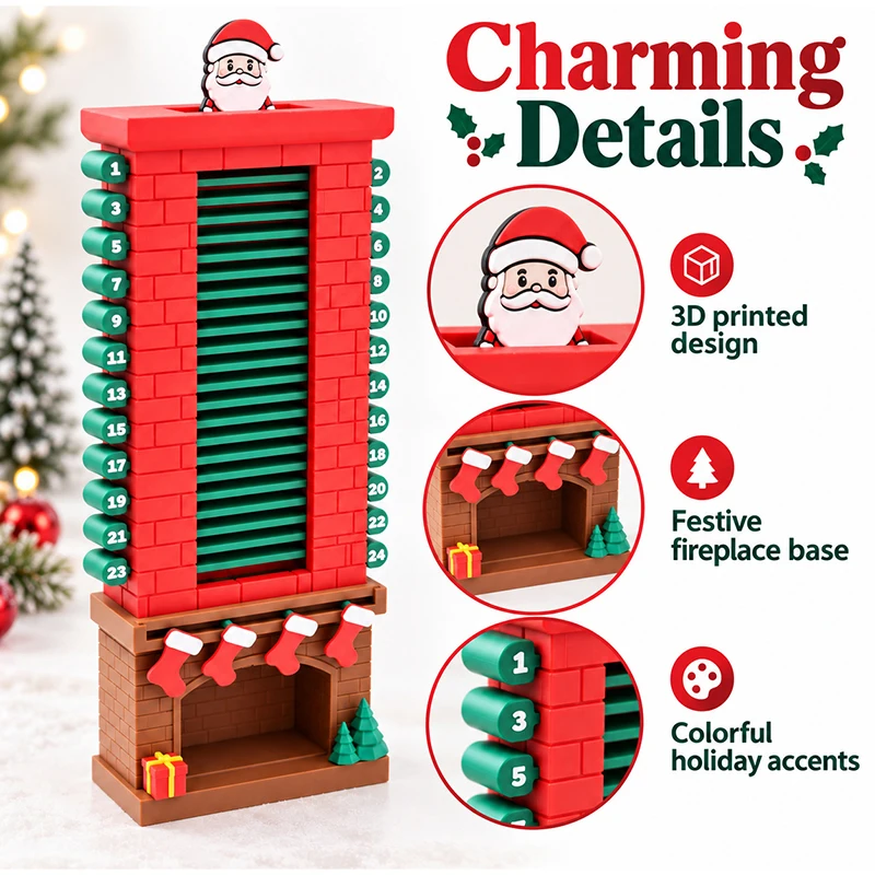 3D-Druck Weihnachts-Adventskalender 24 Tage Weihnachtsmann-Kamin Countdown-Kalender Weihnachts-Heimdekoration Kreatives Interaktives Geschenk – Detail 4