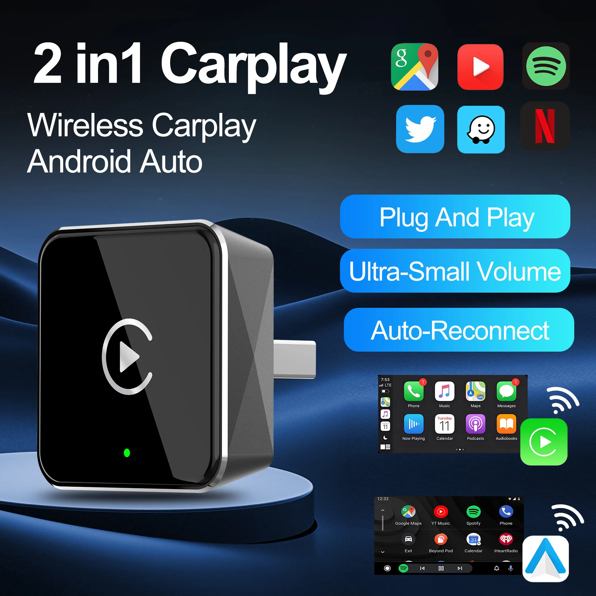

2 IN 1 Wired to Wireless CarPlay Box Android Auto Car USB Ai Box Plug and Play For Audi Mercedes Volvo Volkswagen OEM Carplay