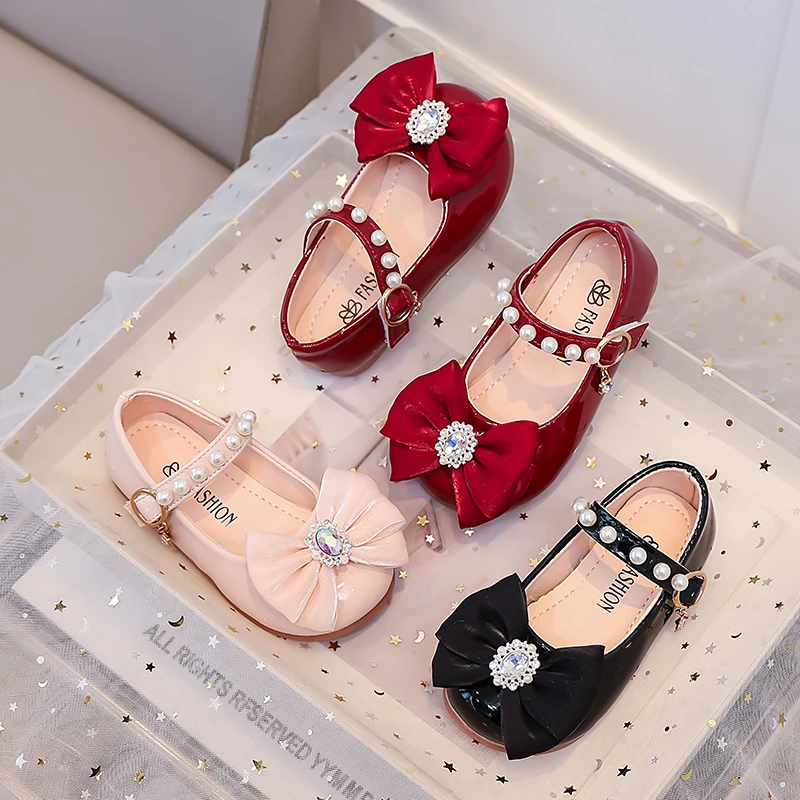 Mädchen Mary Jane Ballerinas, Kleinkind Mädchen Schleifenkleid Schuhe mit Strass-Perlenriemen, Weiche Sohle Prinzessin Party Hochzeitsschuhe für Kleine Kinder – Detail 2