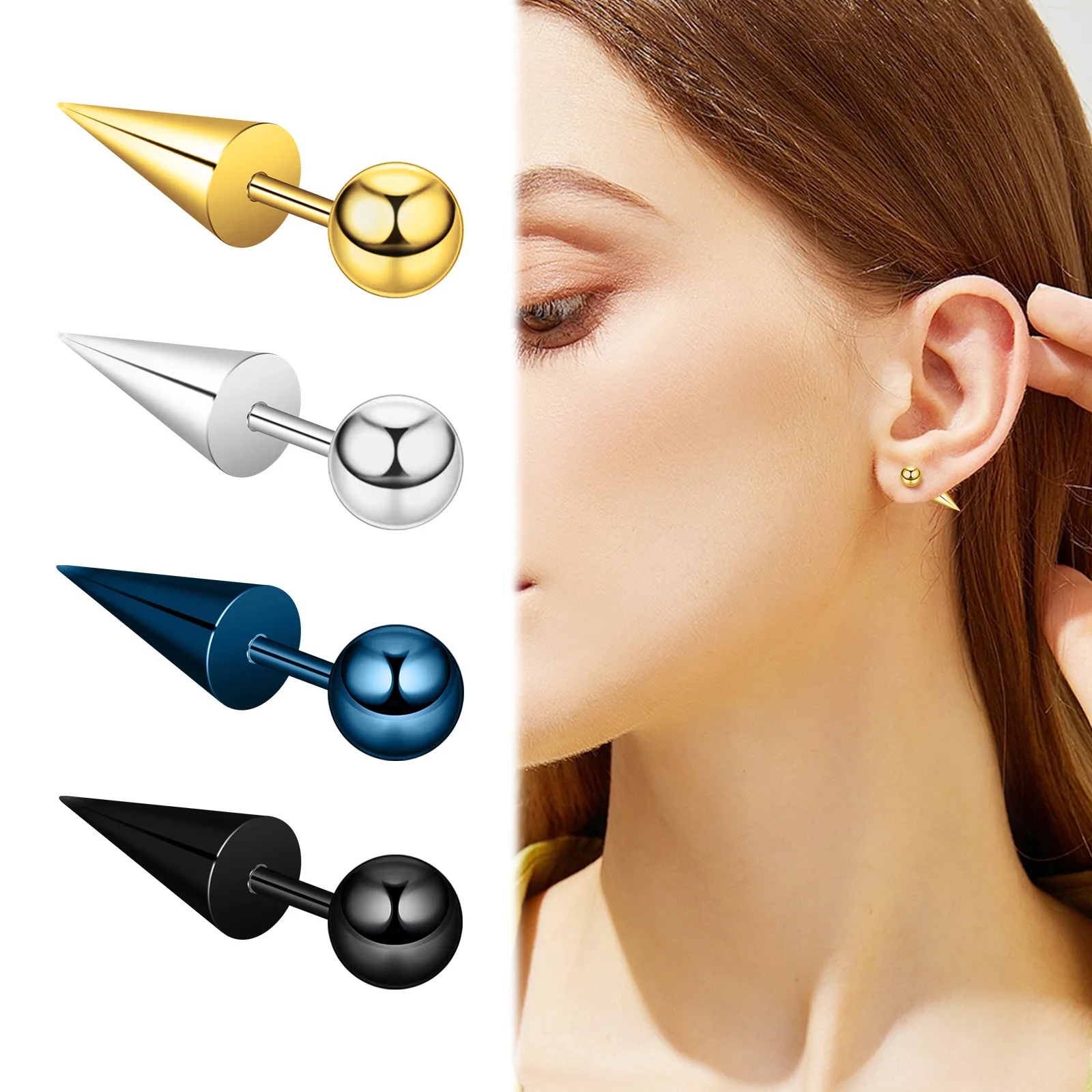 1pc Stainless Steel Earrings Minimalist Tapered Ear Studs Creative Round Ear Cartilage Nails Basic Punk Body Piercing Jewelry