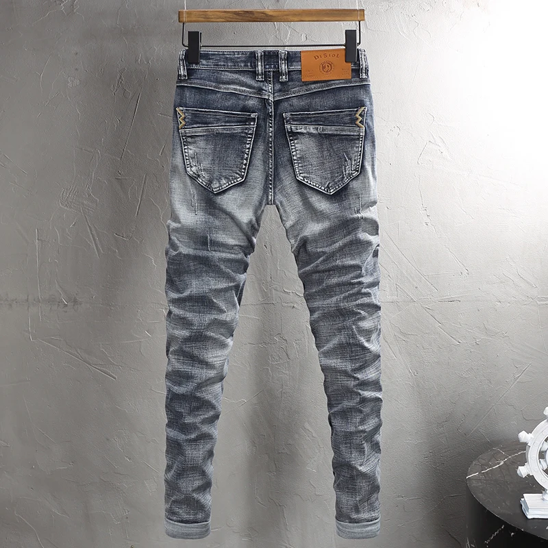 Newly Designer Fashion Men Jeans High Quality Retro Gray Blue Stretch Slim Fit Ripped Jeans Men Embroidery Vintage Denim Pants