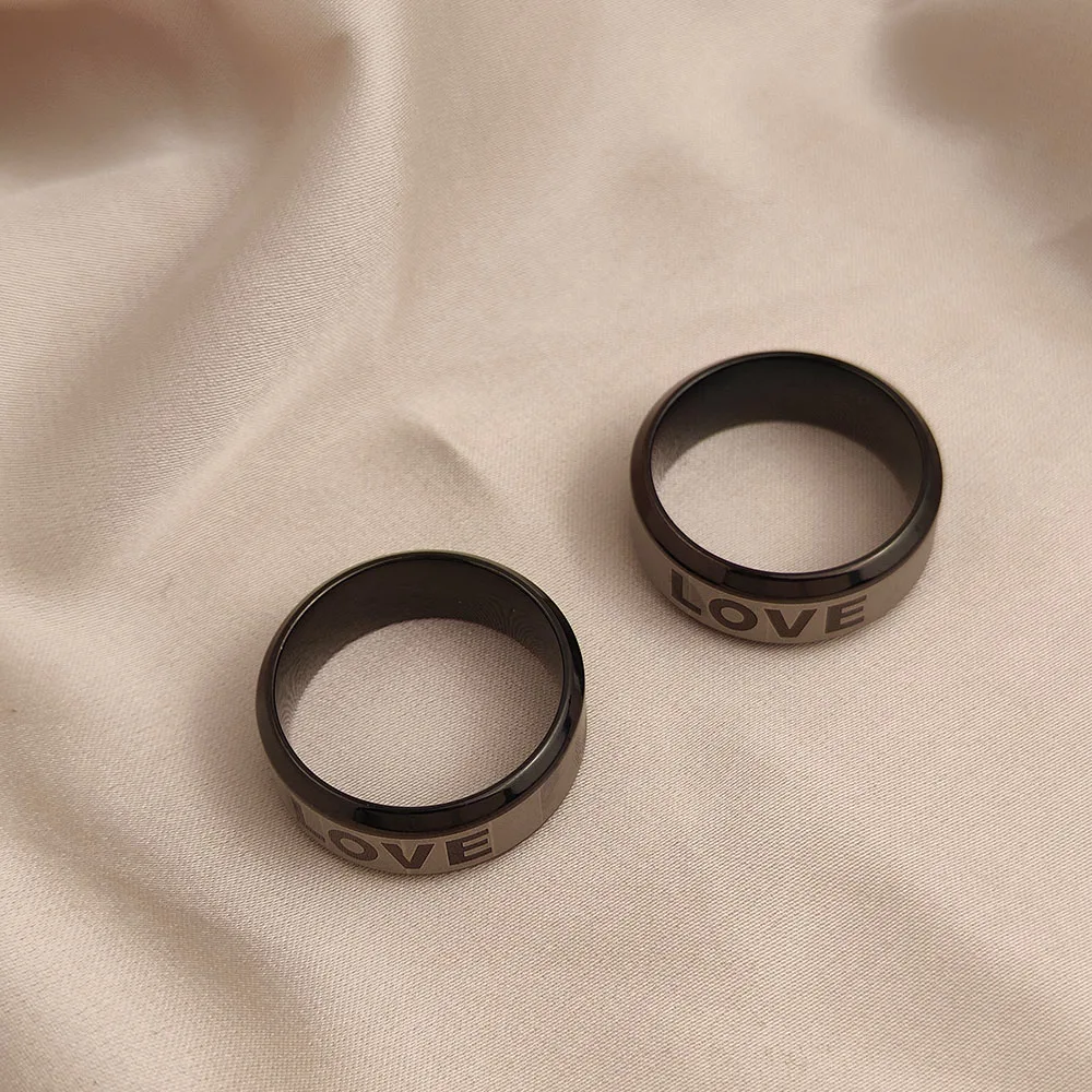 1Pcs Custom Stainless Steel Beveled Edge Brushed Center Ring for Men Women Black Wedding Band LOVE Letter Date Ring
