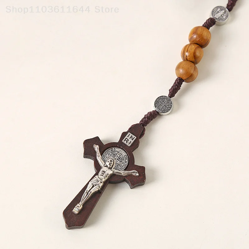 الخشب الخرز الوردية الصليب قلادة للنساء الرجال المسيحية مريم العذراء INRI سلسلة بدلاية مجوهرات الدين الموضة