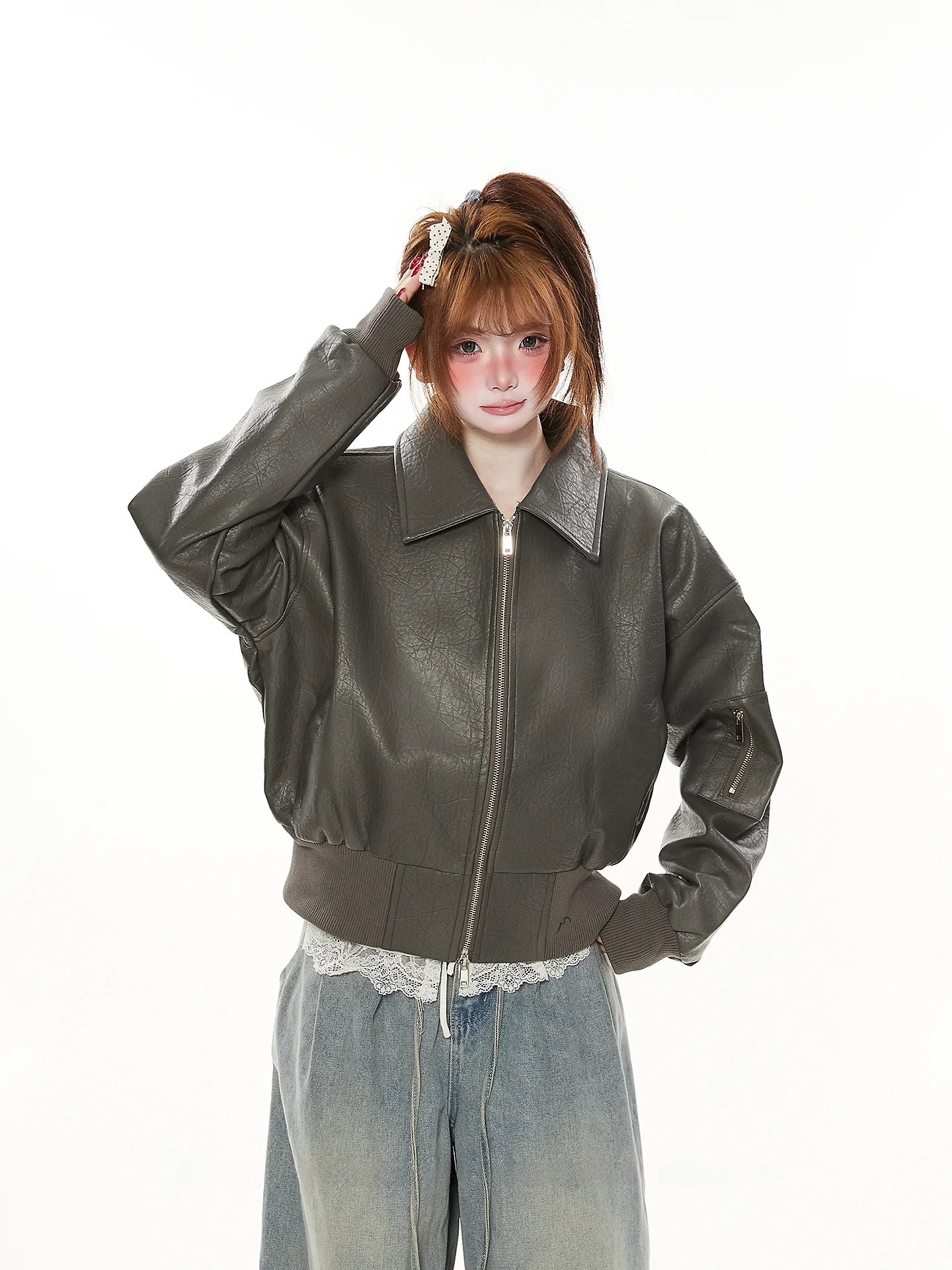 Kurtka damska z ekoskóry PU, wiosenno-jesienna, modna, markowa, wzór liczi, retro, styl amerykański, motocyklowa, robocza.