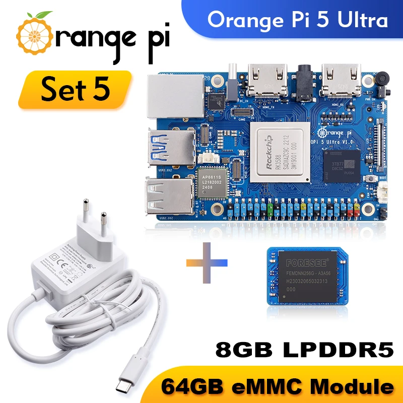 Orange Pi 5 Ultra + Power Supply + 64GB eMMC Module Development Board 8GB LPDDR5 Ram RK3588 Rockchip WIFI 6E+BT5.3 With M.2 Port