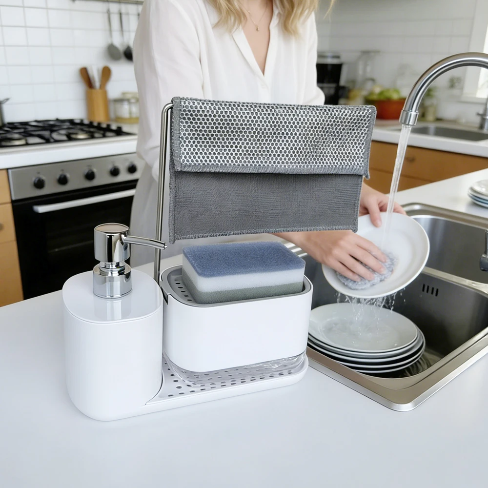 

Three-in-One Kitchen Manual Press Soap Dispenser with Sponge Holder Cloth Rack And Draining Tray Dish Soap Pump for Sink Counter