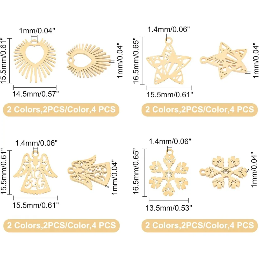 16pcs 4 Styles 2 Colors 201 Stainless Steel Christmas Snowflake Charms Star Pendants Angel Charms Heart Pendants Laser Cut