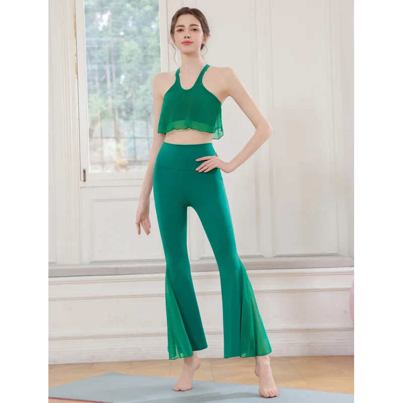 طقم يوجا نسائي رياضي بدون أكمام، حمالة صدر للجري متقاطعة من الخلف، سراويل واسعة للرقص واللياقة البدنية