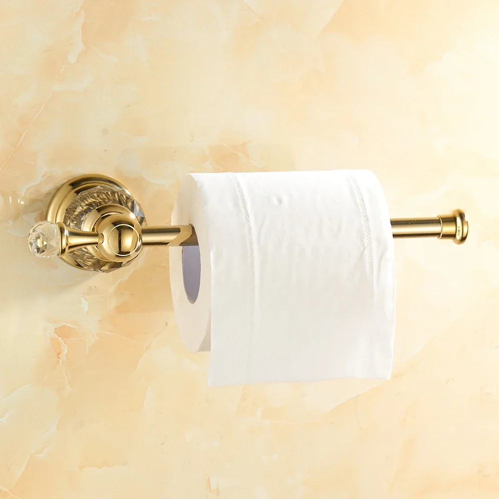 Gold Polished Toilet Paper Holder Solid Brass Bathroom Roll Paper Accessory Wall Mount Crystal Toilet Tissue Paper Holder