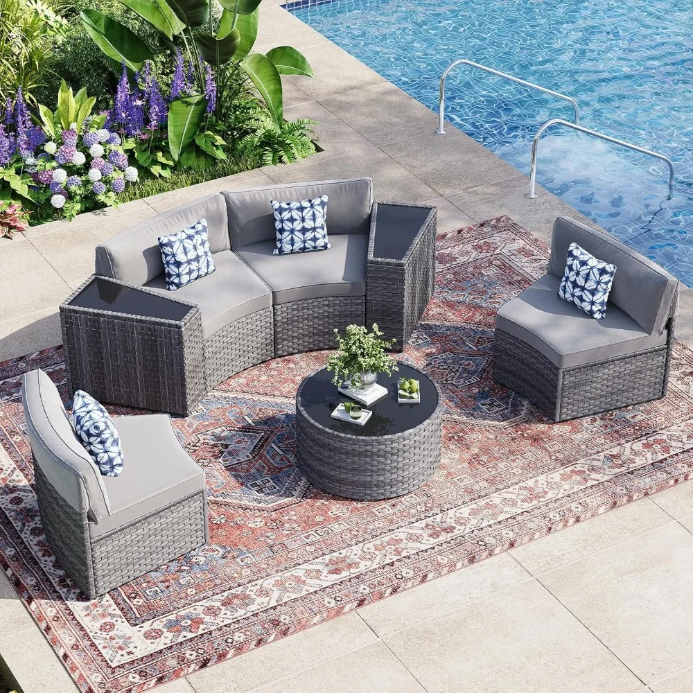 

7 PCS Curved Rattan Patio Furniture Set – Outdoor Sectional Sofa with Waterproof Cushions, Coffee Table, Side Tables & Pillows,