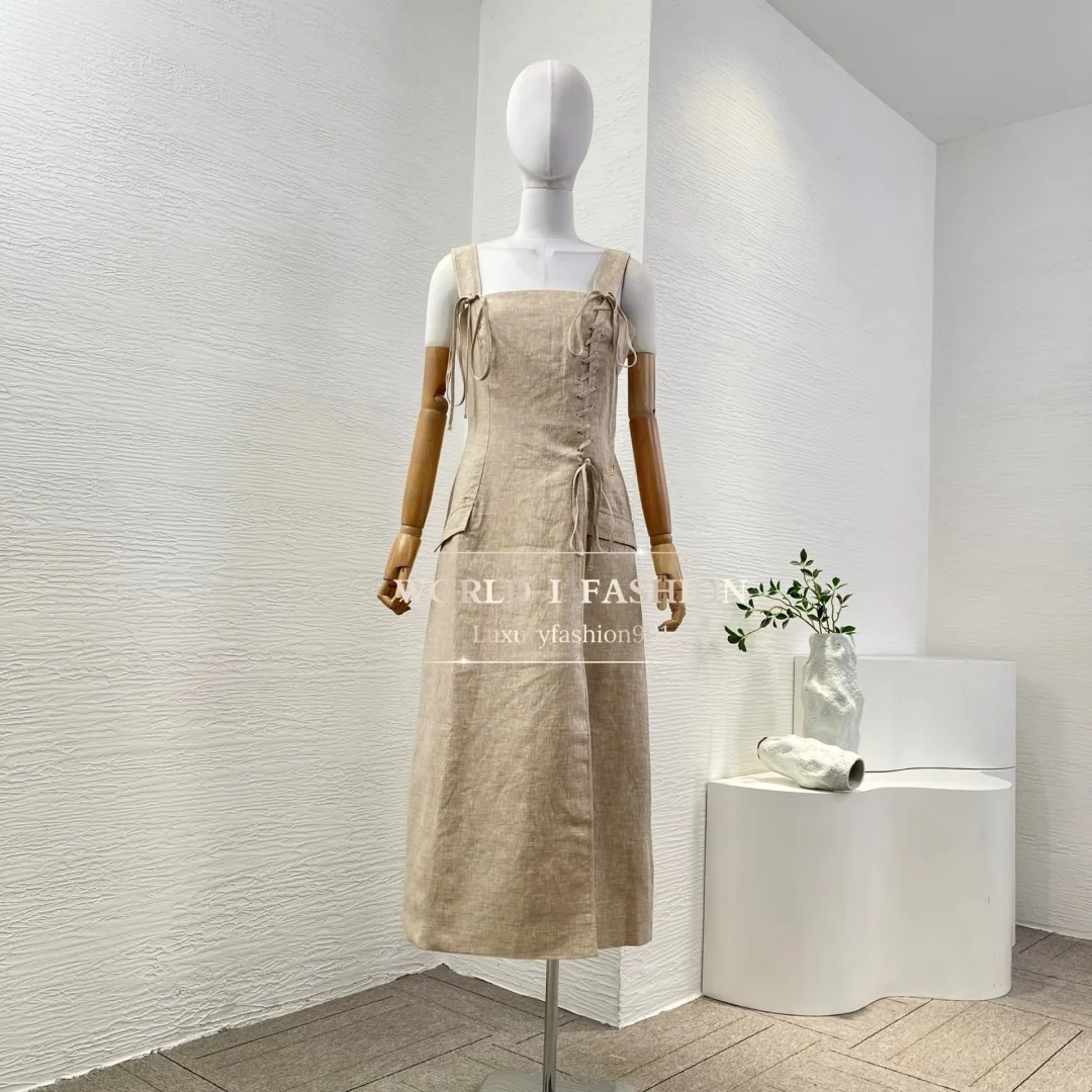 

Linen khaki Sleeveless Self Tie Side Slit Midi Dress 2025 New Split Dress