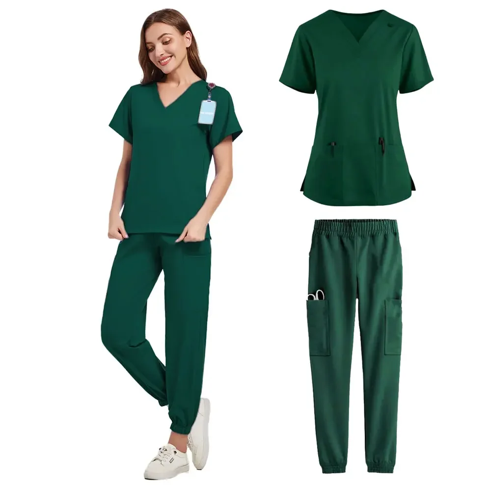 Mulheres manga curta gola V uniforme de enfermeira, calça de baqueta e top, casual conjunto de esfrega médica, Clinicos Mujer, verão