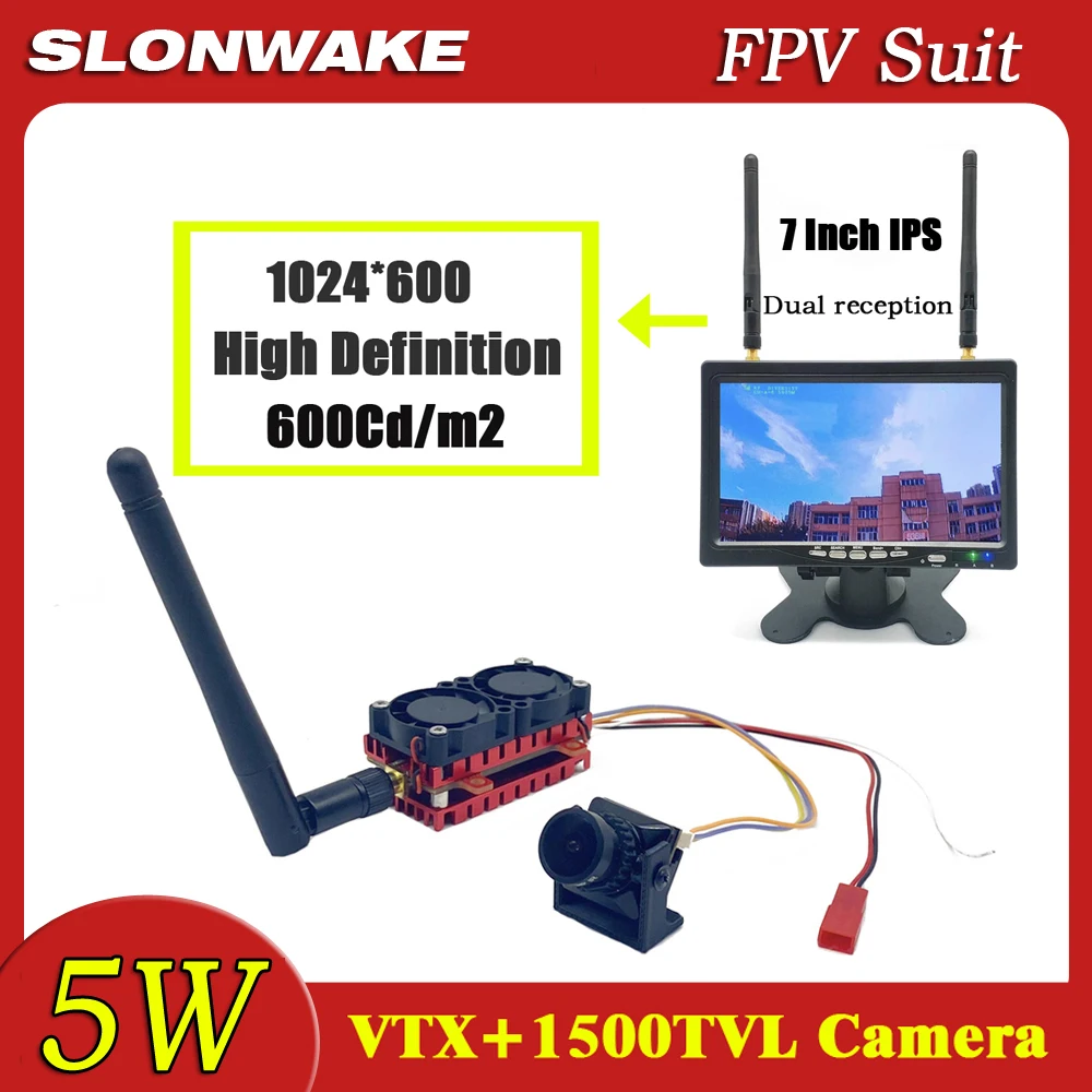 SLONWAKE long-distance 5W 5.8G 48CH FPV VTXTransmitter CMOS 1500TVLCamera+7 inch ips high light high definition display kit