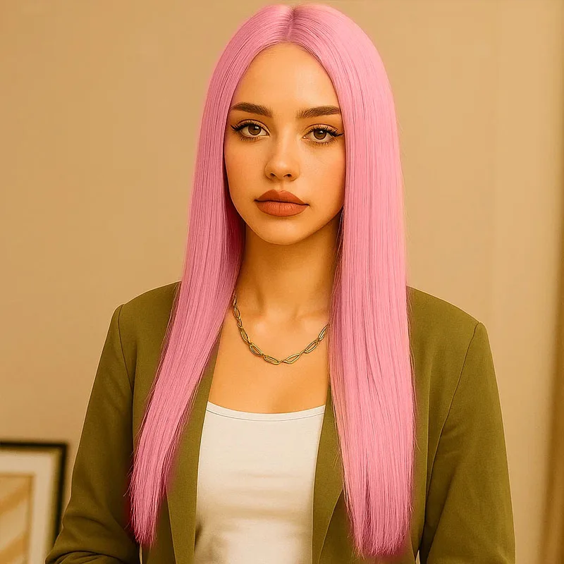 

Розовый 28-дюймовый прямой синтетический парик с разрезом, подходит для женских ролевых игр, праздничных вечеринок, повседневной носки, модных