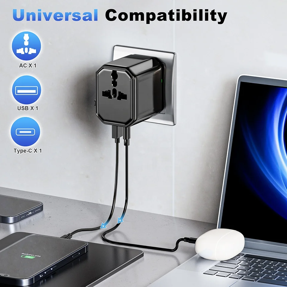 2026 CE/FCC Plug with Socket Multi Plug Power Adapter International Worldwide Universal Travel Adapter with Type C