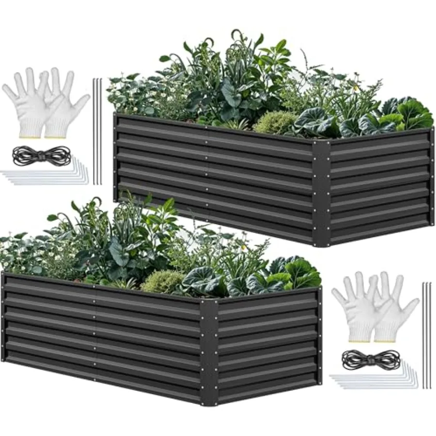

Комплект из 2 больших оцинкованных металлических грядок-клумб (6x3x2 фута) с перчатками, черный