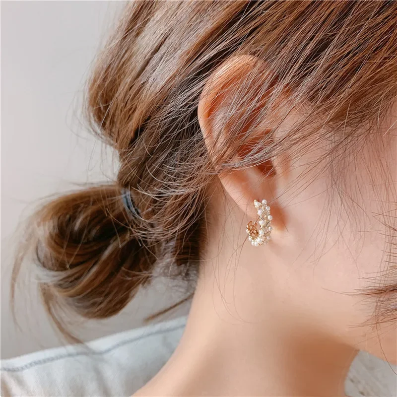 2026 New Korean Simulated Pearl Hoop Earrings Gold Color Metal C Shape Statement Earrings For Women Girl Wedding Party Jewelry