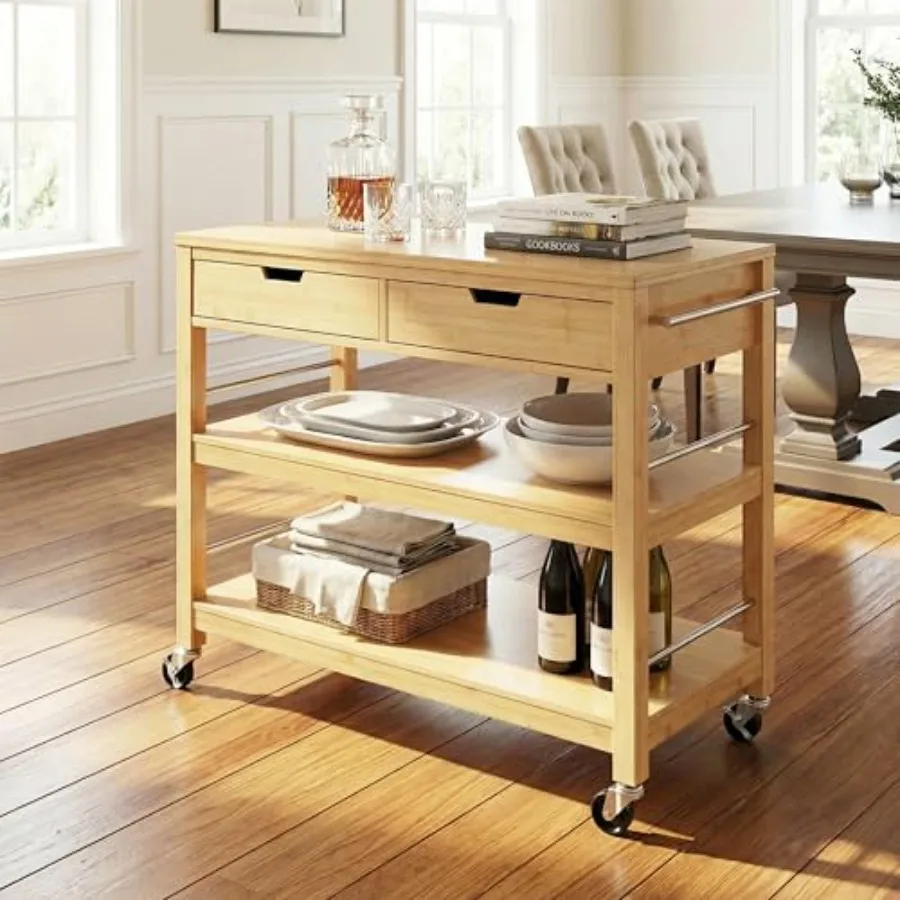 

Metis Bamboo Rolling Bar Cart with Storage, Kitchen Island on Wheels with Drawers, Mobile Kitchen Cart Storage Cabinet, Rolling
