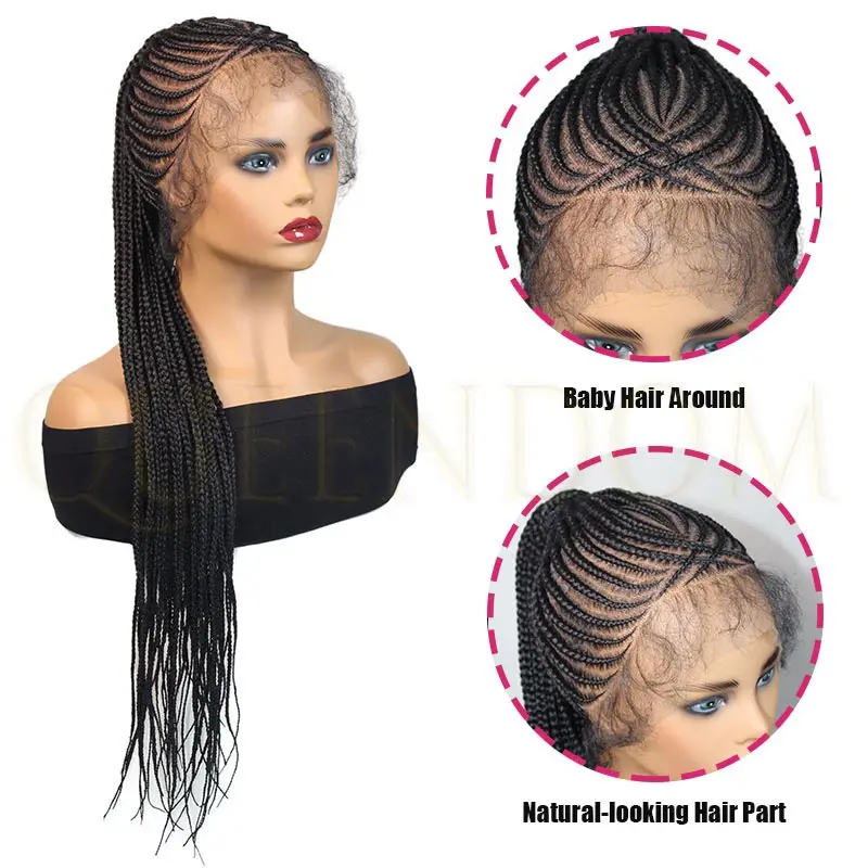 Wig Rambut Sintetis 30" Full Lace Frontal dengan Kuncir Kuda Tinggi untuk Wanita Kulit Hitam, Tanpa Simpul, Model Kepang Kotak, Garis Rambut Alami, Faux Locs