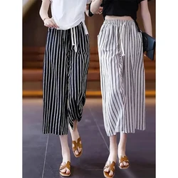 Women Summer Simplicity Loose fashionable Striped Ice shreds High Waist wide leg Ladies Casual All-match Fashion Cropped pants