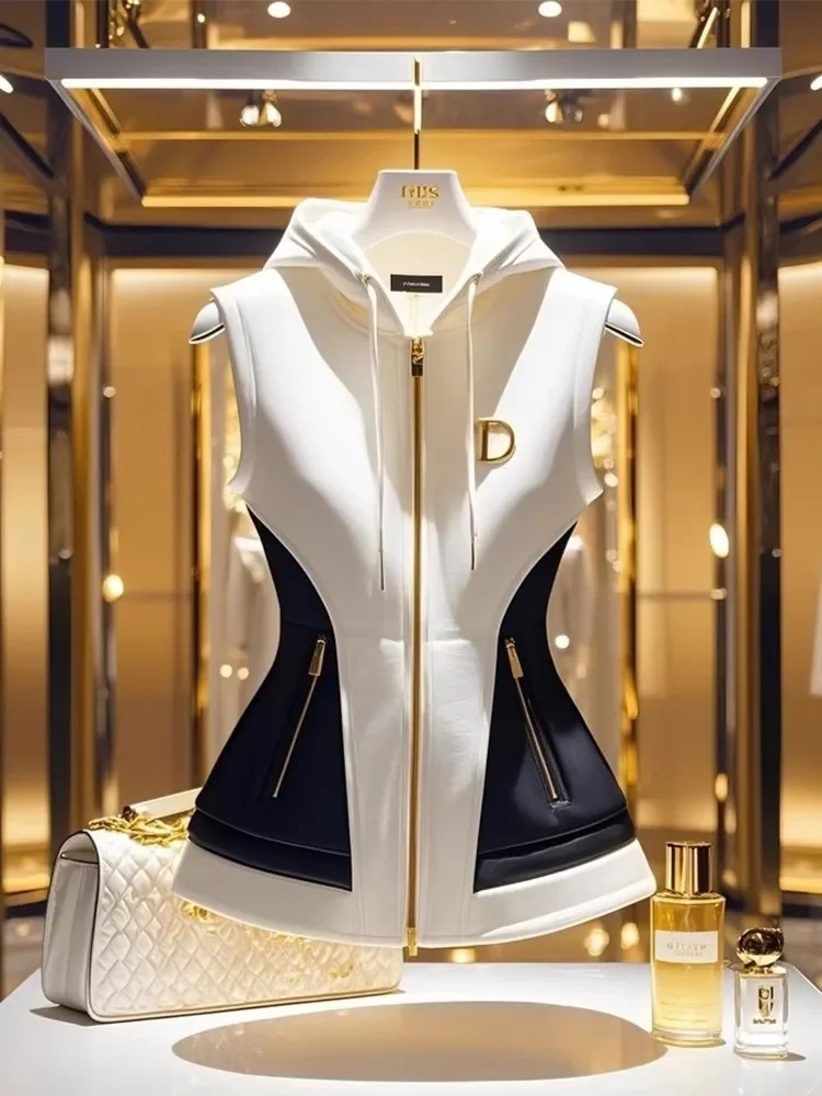 새 봄 프랑스어 우아한 하이 엔드 후드 조끼 코트 여성 대비 색 지퍼 슬림 자켓 기질 숙녀 인과 아웃웨어