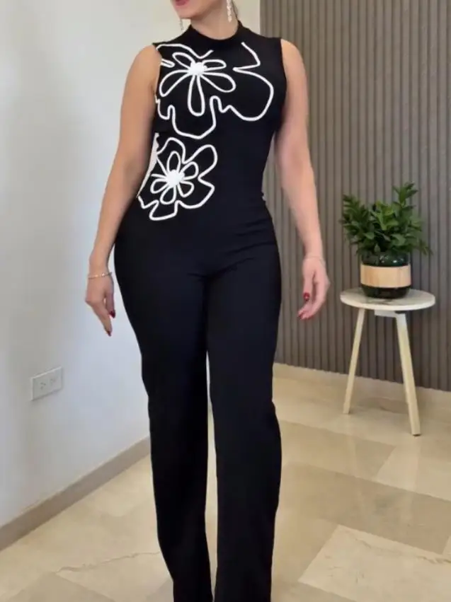 Women's One-Piece Pants Daily Long Jumpsuit 2025 Summer New Fashion Floral Print High Neck Sleeveless Elegent Jumpsuit for Women
