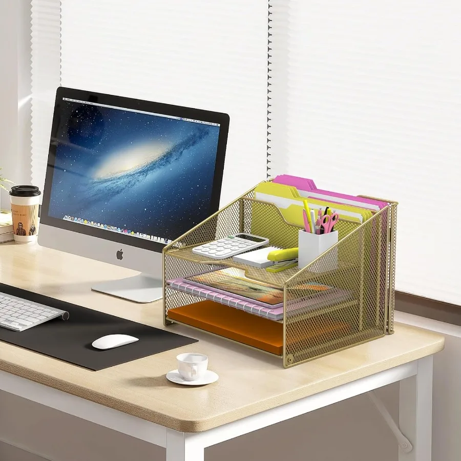 Gold Desk File Organizer with Mesh Letter File Folder Holder 3 Paper Trays and 2 Vertical Upright Sections for Efficient Office