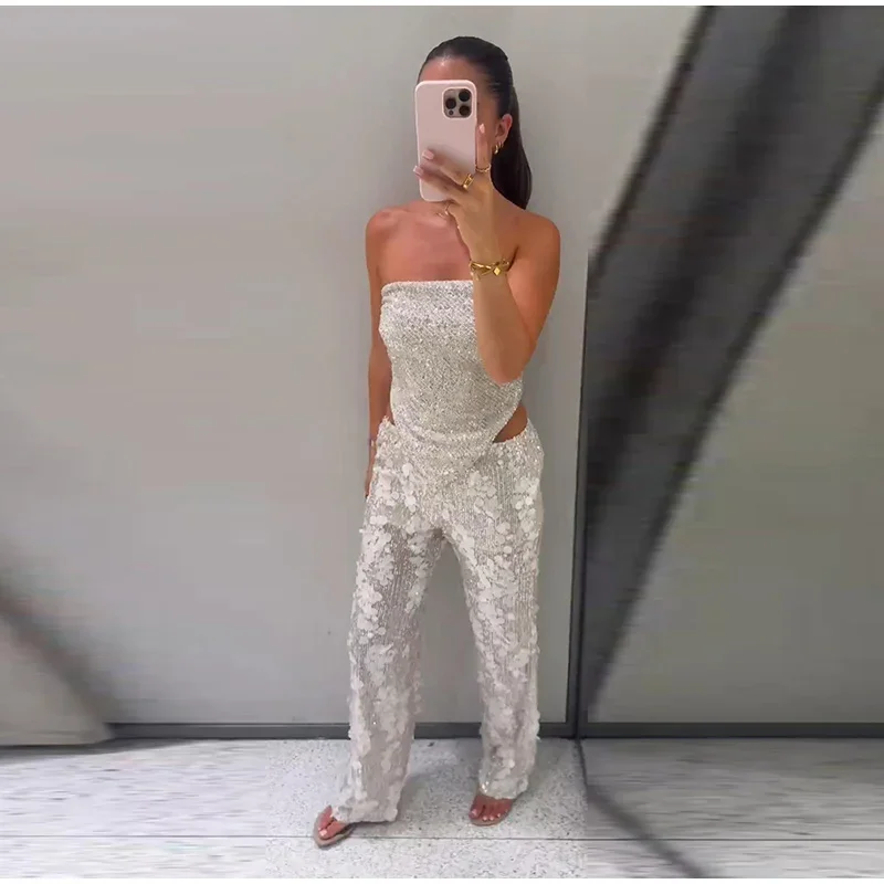 Pailletten-Zweiteiler für Damen, schulterfreies Tube-Top, mittelhohe Taille, gerade geschnittene Hose, sexy, modisches, passendes Outfit für Partys – Detail 4